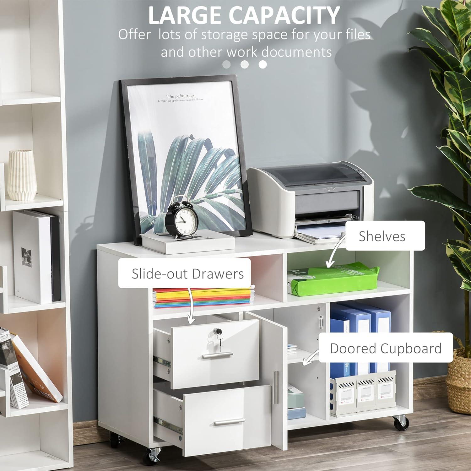 File Cabinet and Printer Stand with Lockable Drawer and Wheels, White - Furniture4Design