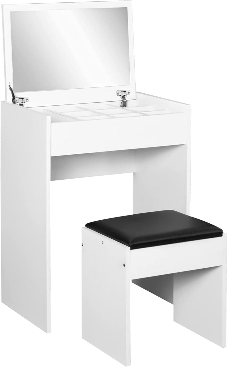 Flip Top Vanity Table Set with Cushioned Stool and Storage Compartment - Furniture4Design