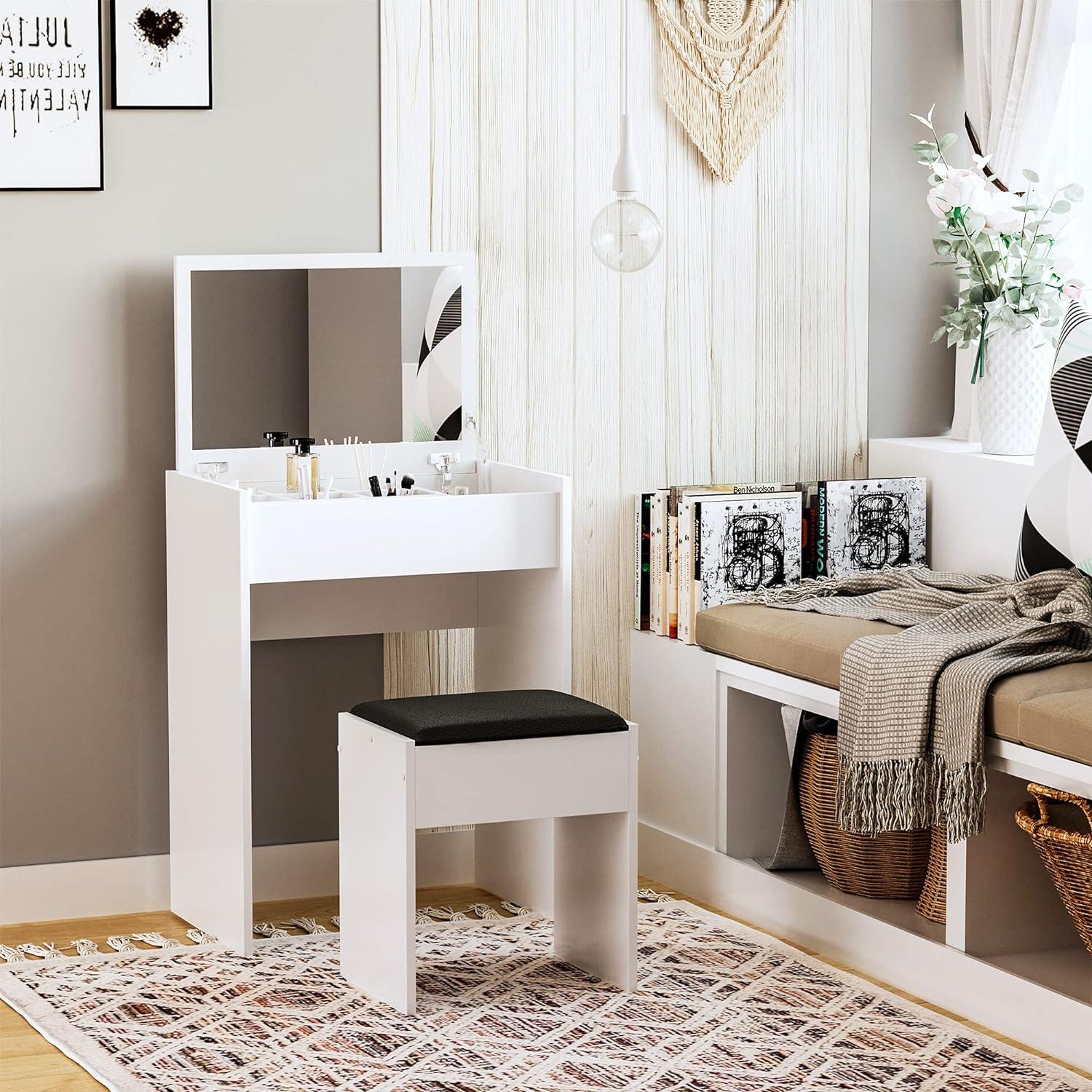 Flip Top Vanity Table Set with Cushioned Stool and Storage Compartment - Furniture4Design