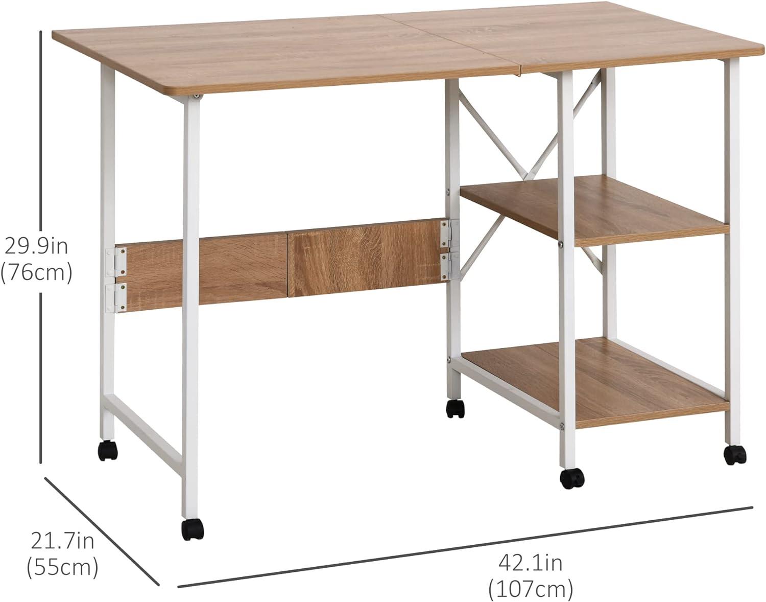 Folding Computer Desk with Storage Shelves and Mobility, Multi-Functional Study Writing Table for Home Office/Home Office Workstation, Natural - Furniture4Design