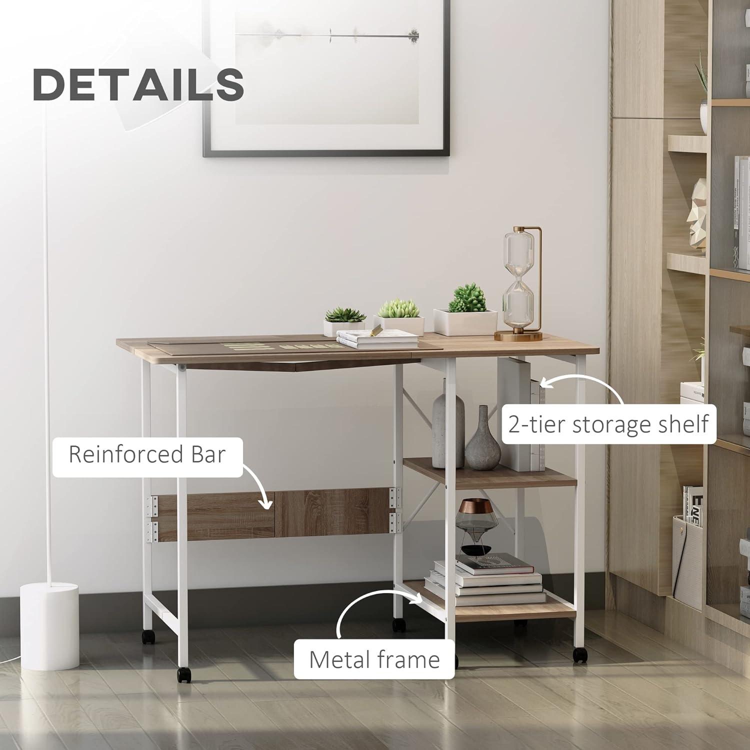 Folding Computer Desk with Storage Shelves and Mobility, Multi-Functional Study Writing Table for Home Office/Home Office Workstation, Natural - Furniture4Design