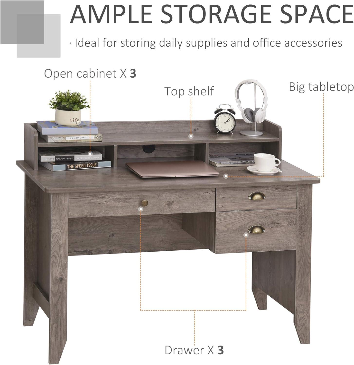 Grey Home Office Computer Desk with Storage Hutch, Drawers, and Cable Management - Furniture4Design