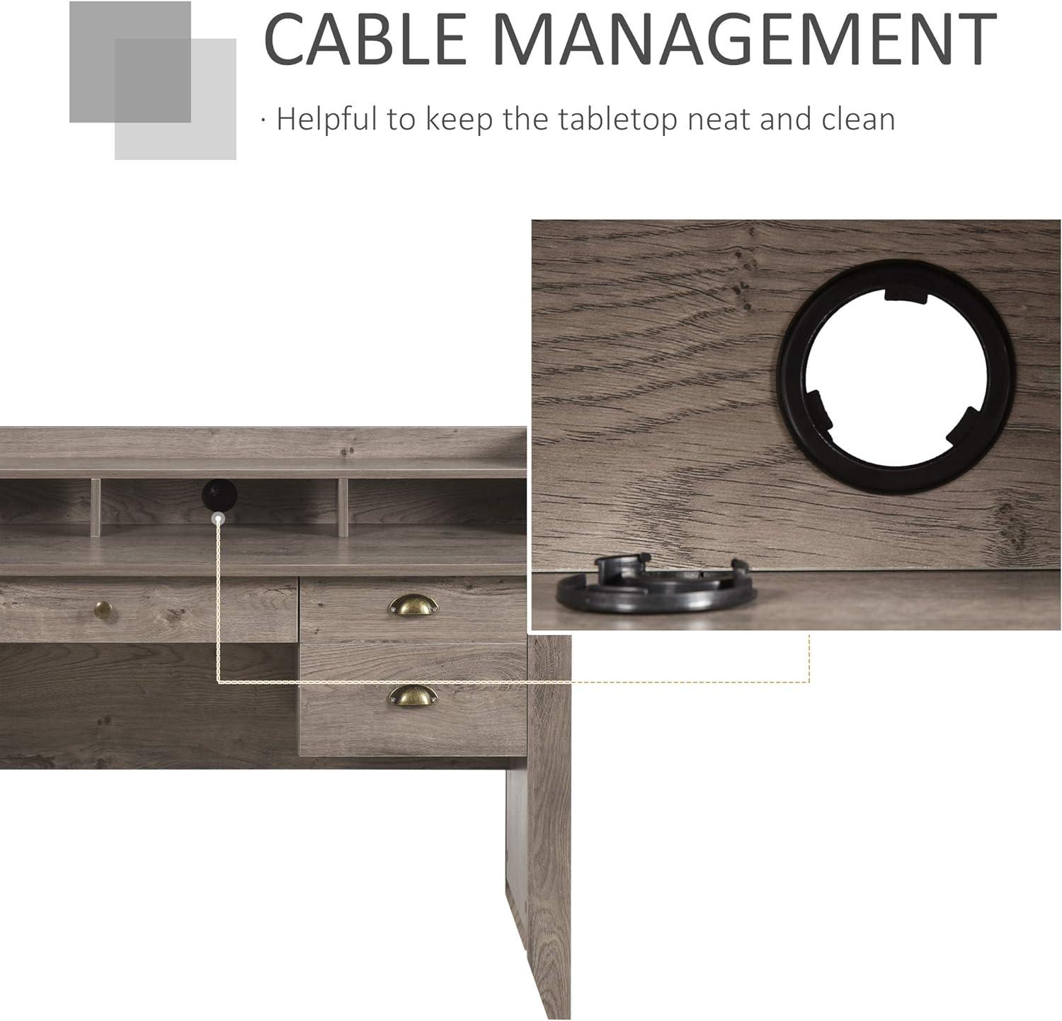 Grey Home Office Computer Desk with Storage Hutch, Drawers, and Cable Management - Furniture4Design