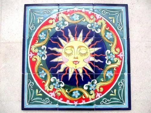 Hand Painted 18" x 18" Ceramic tile art Mosaic wall mural SUN floral BACKSPLASH - Furniture4Design