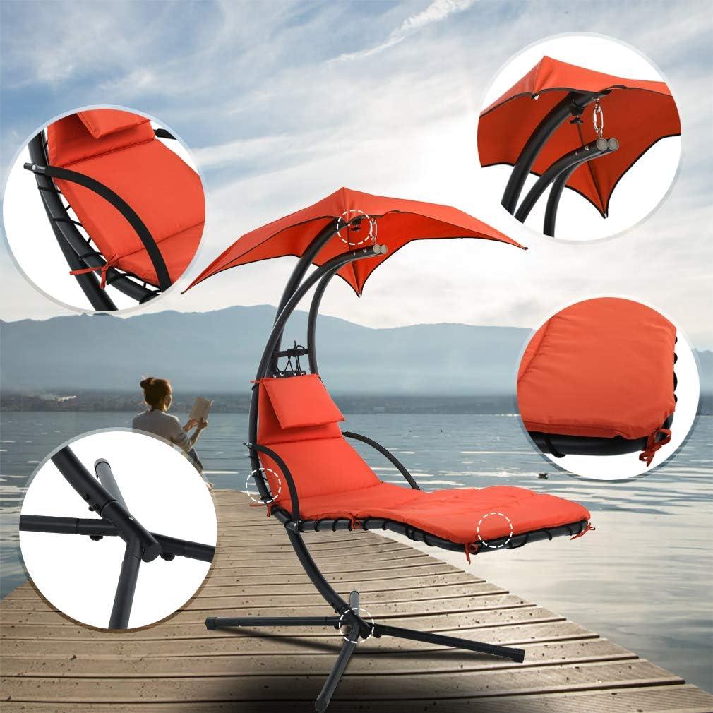 Hanging Chaise Lounger Chair with Removable Canopy and Built-in Pillow (Orange) - Furniture4Design