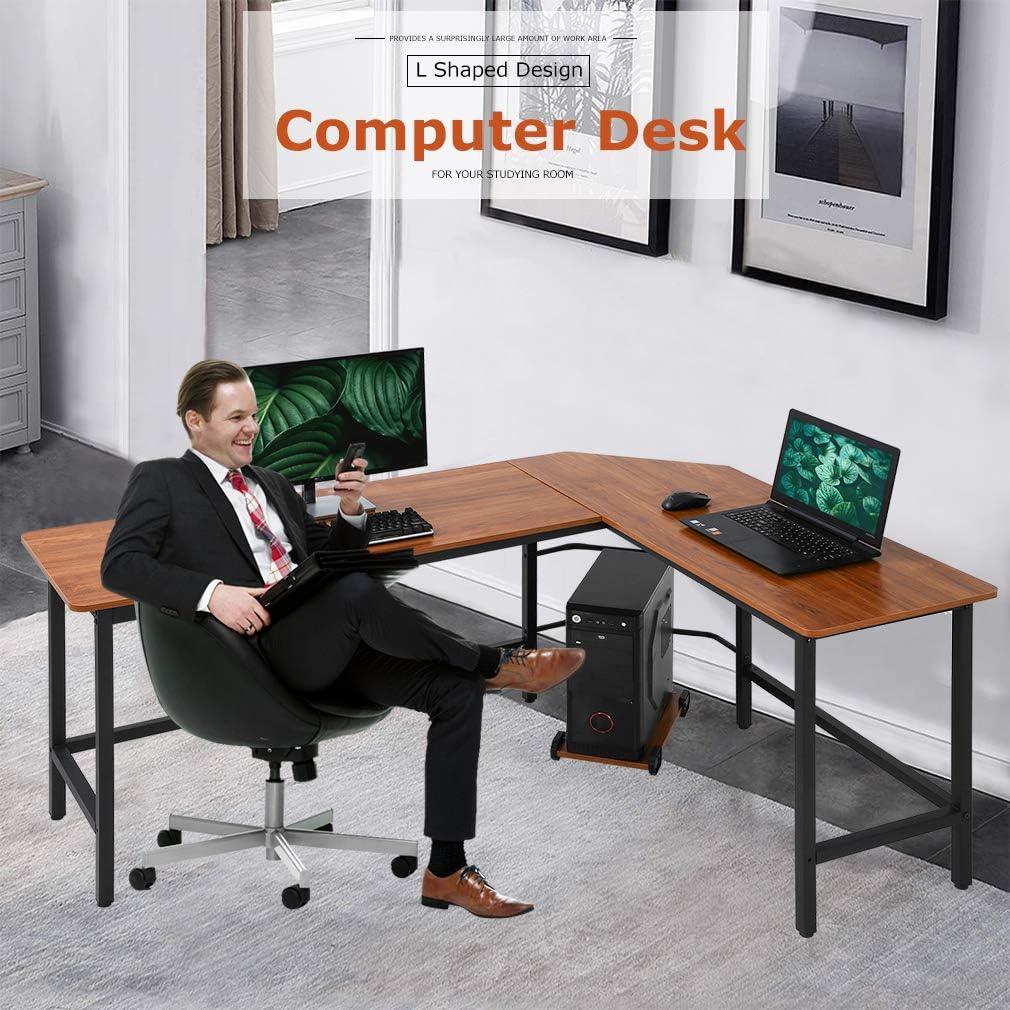 L Shaped Computer Gaming Office Desk with Ample Work Space (Brown) - Furniture4Design