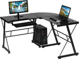 L-Shaped Gaming Computer Desk with Glass Top and Free CPU Stand, Black - Furniture4Design