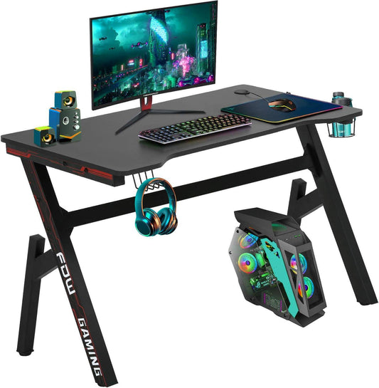 Large Modern Ergonomic Gaming Desk with Carbon Fiber Cup Holder and Headphone Hook - Furniture4Design