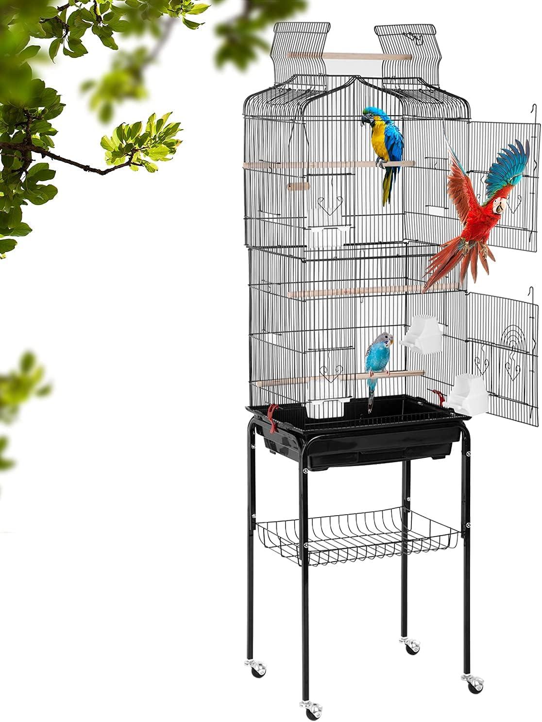 Large Parakeet Bird Cage with Rolling Stand and Accessories for Medium and Small Parrots - Black - Furniture4Design