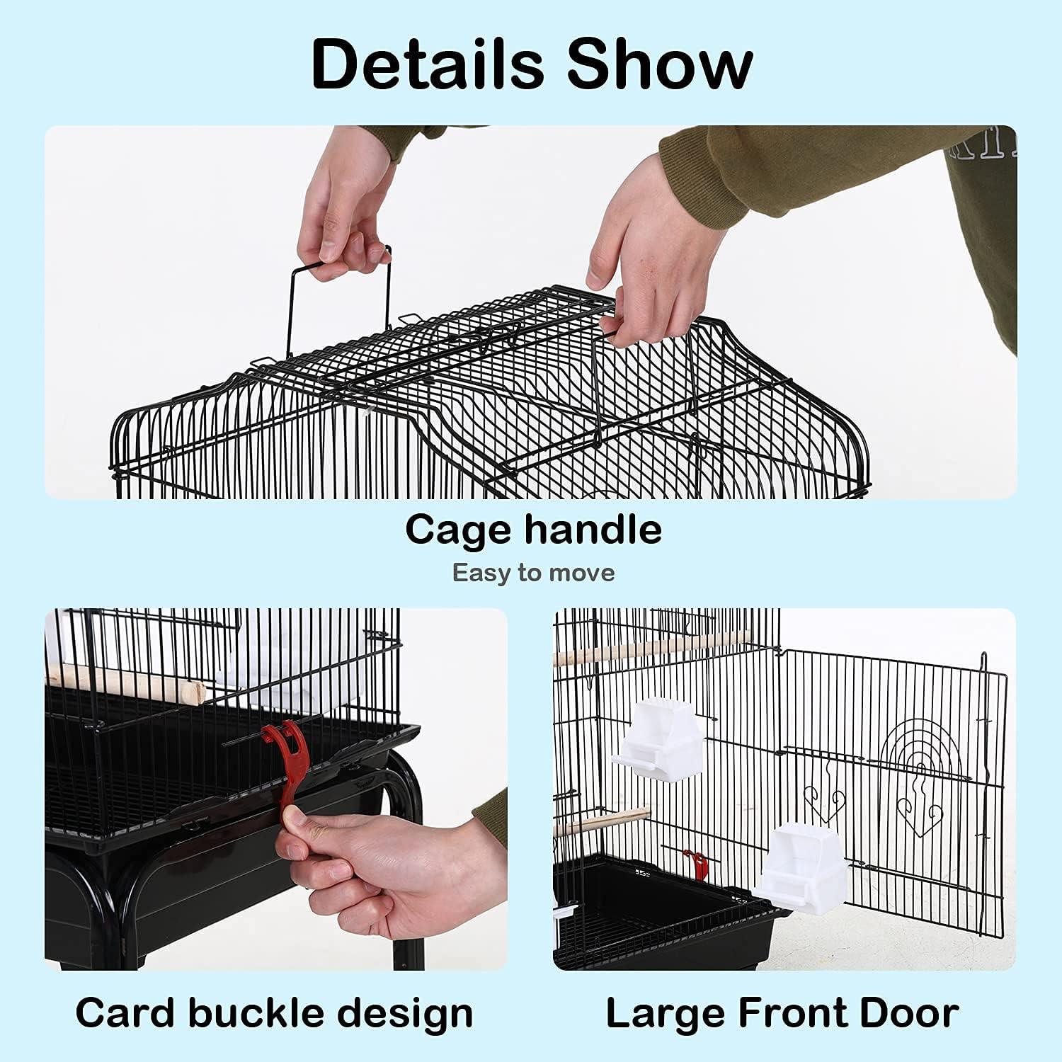 Large Parakeet Bird Cage with Rolling Stand and Accessories for Medium and Small Parrots - Black - Furniture4Design