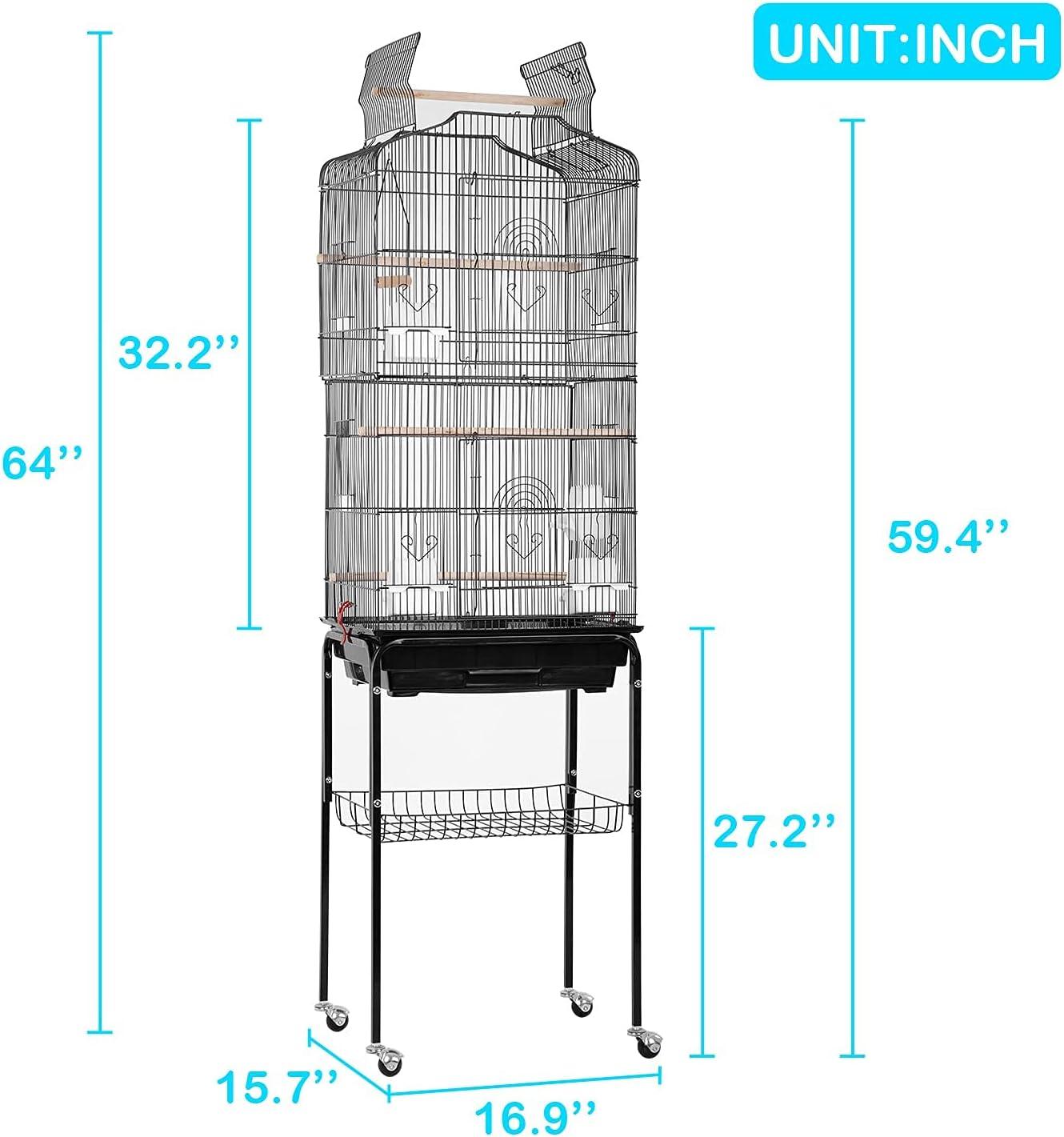 Large Parakeet Bird Cage with Rolling Stand and Accessories for Medium and Small Parrots - Black - Furniture4Design