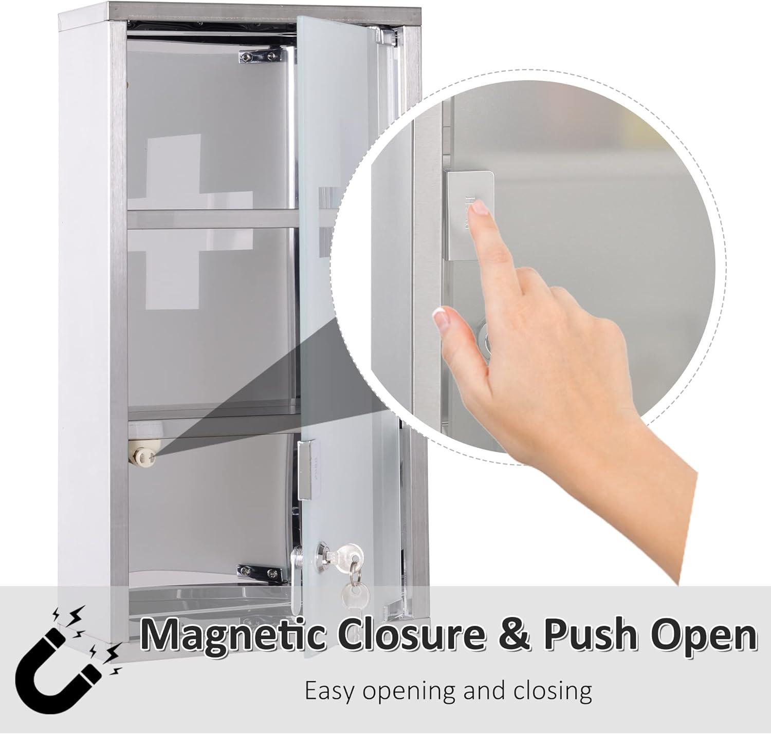 Lockable Stainless Steel Wall Mount Medicine Cabinet with Glass Door - Furniture4Design