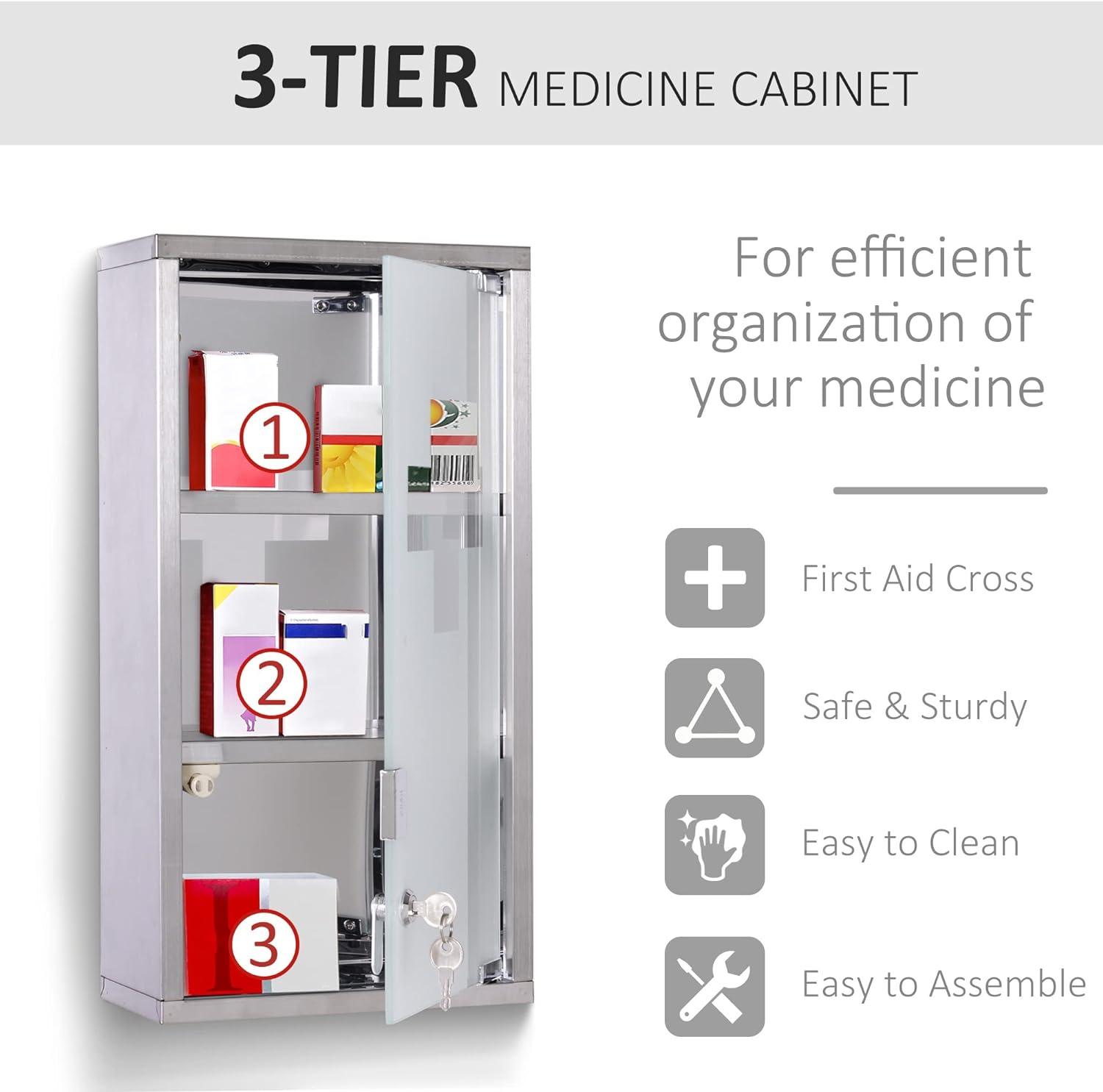 Lockable Stainless Steel Wall Mount Medicine Cabinet with Glass Door - Furniture4Design