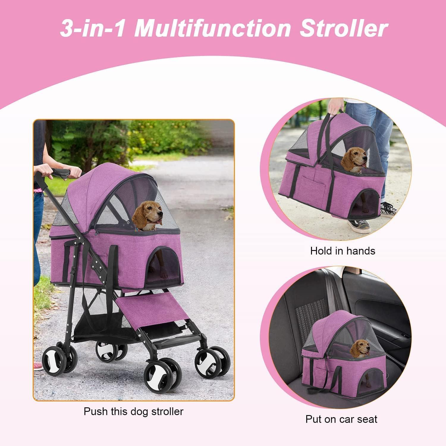 Luxury 3-in-1 Pet Stroller with Detachable Carrier for Medium and Small Dogs and Cats (Purple, 4 Wheels) - Furniture4Design