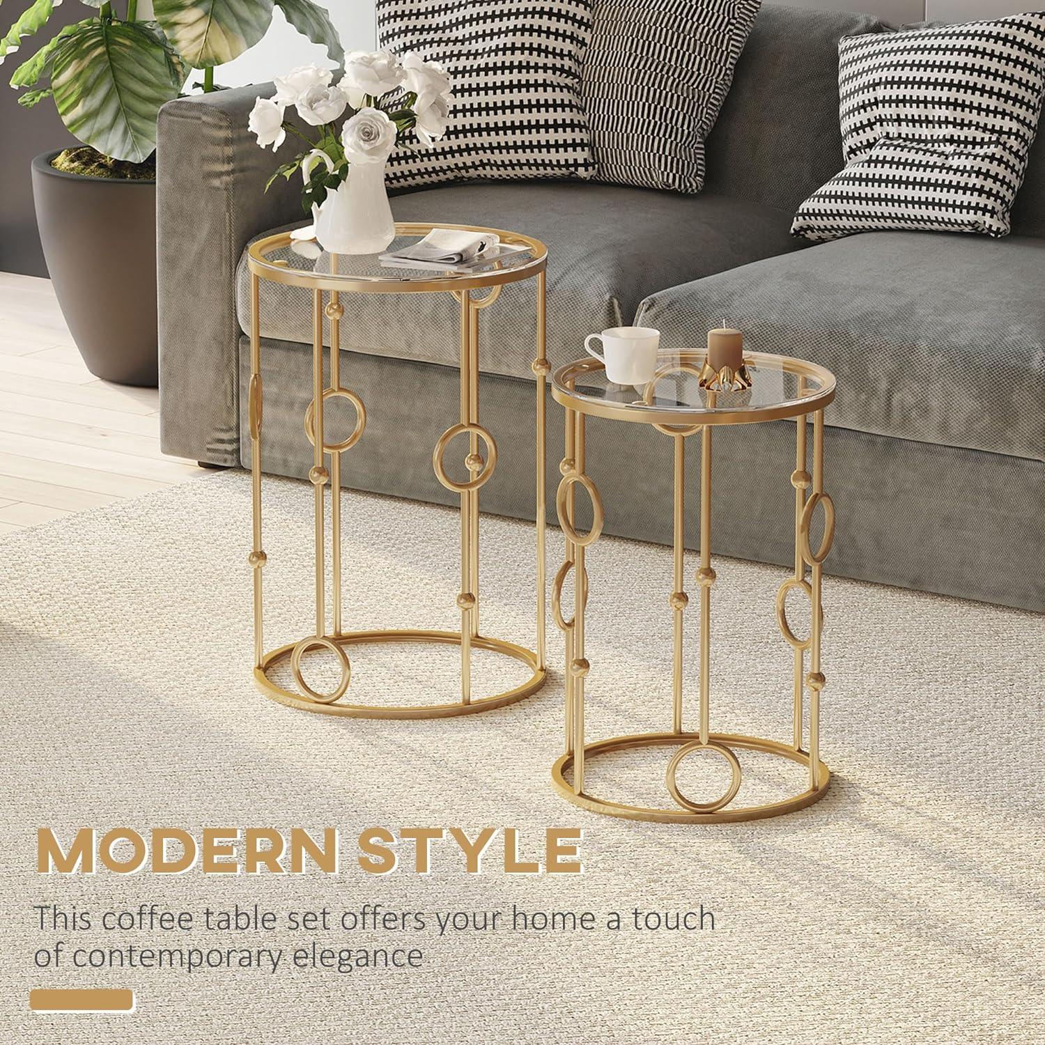 Modern Gold Nesting Coffee Tables Set of 2 with Tempered Glass Top - Furniture4Design