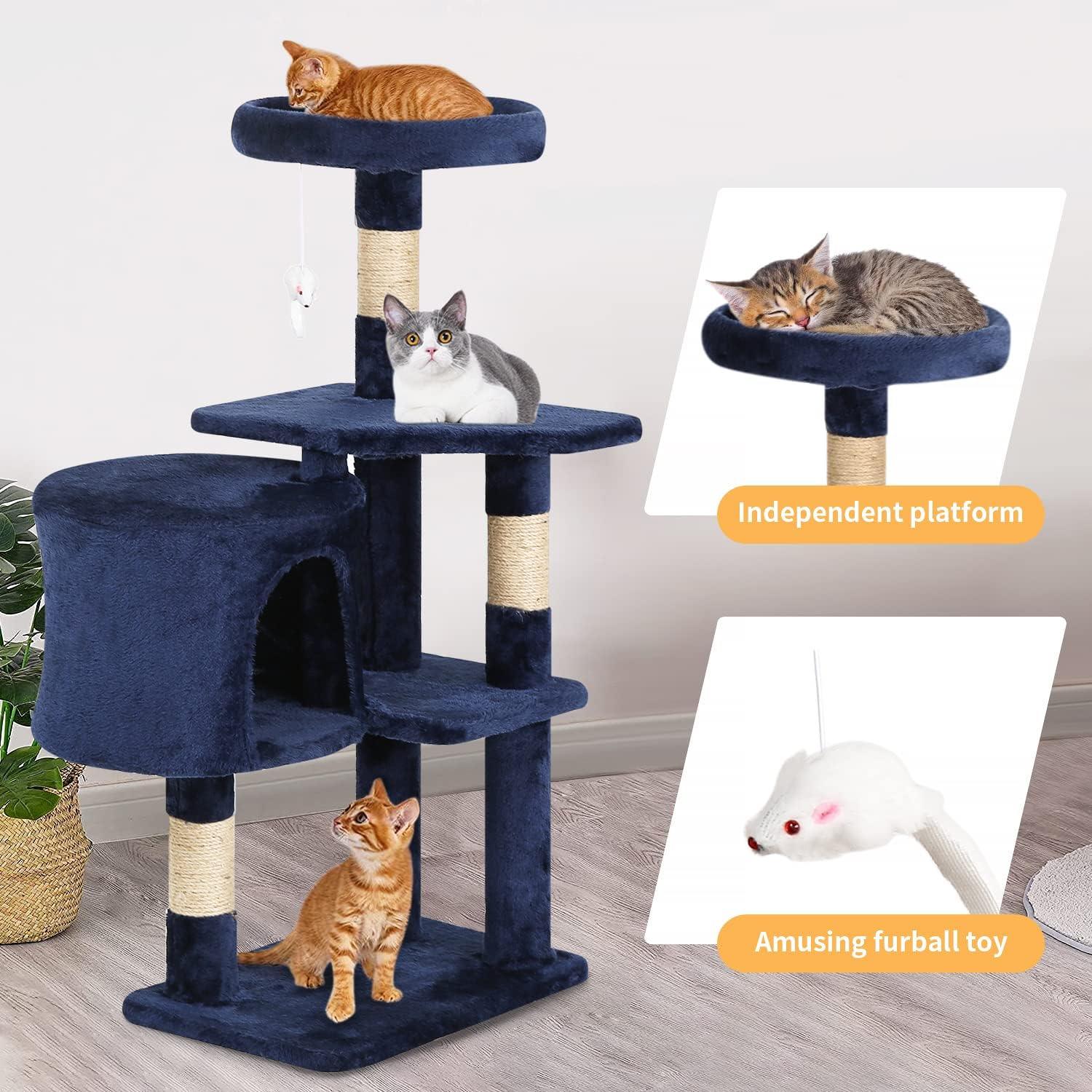 Navy Blue Multi-Level Cat Tree Tower with Scratching Posts and Condo for Indoor Cats - Furniture4Design