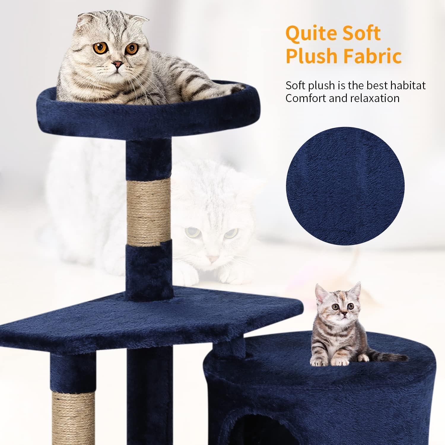 Navy Blue Multi-Level Cat Tree Tower with Scratching Posts and Condo for Indoor Cats - Furniture4Design