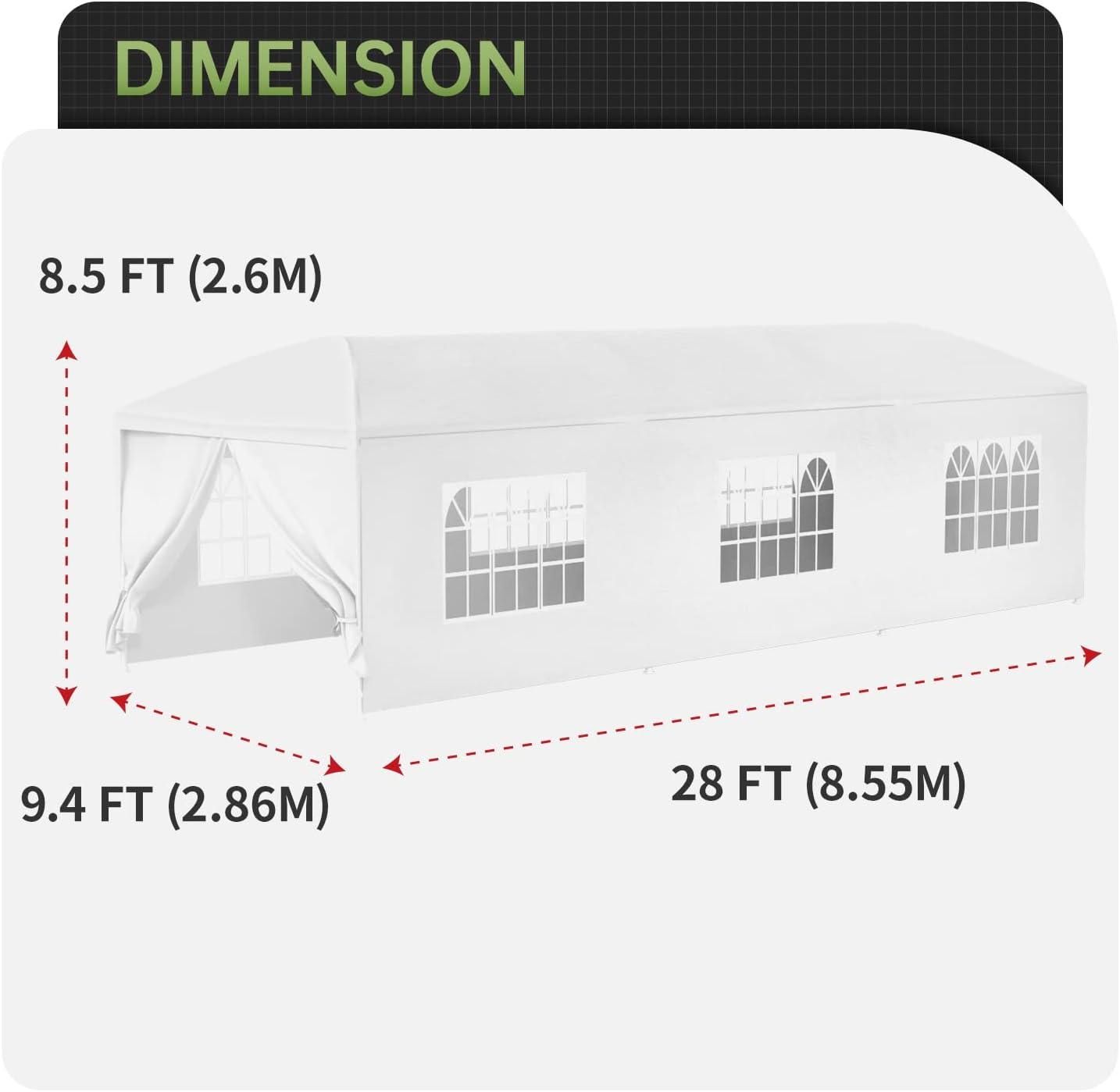 Outdoor Event Shelter 30'x10' White Gazebo Canopy with 8 Removable Window Side Walls - Furniture4Design