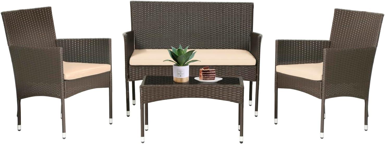 Outdoor Rattan Wicker Patio Furniture Set with Glass Top Table (Brown) - Furniture4Design