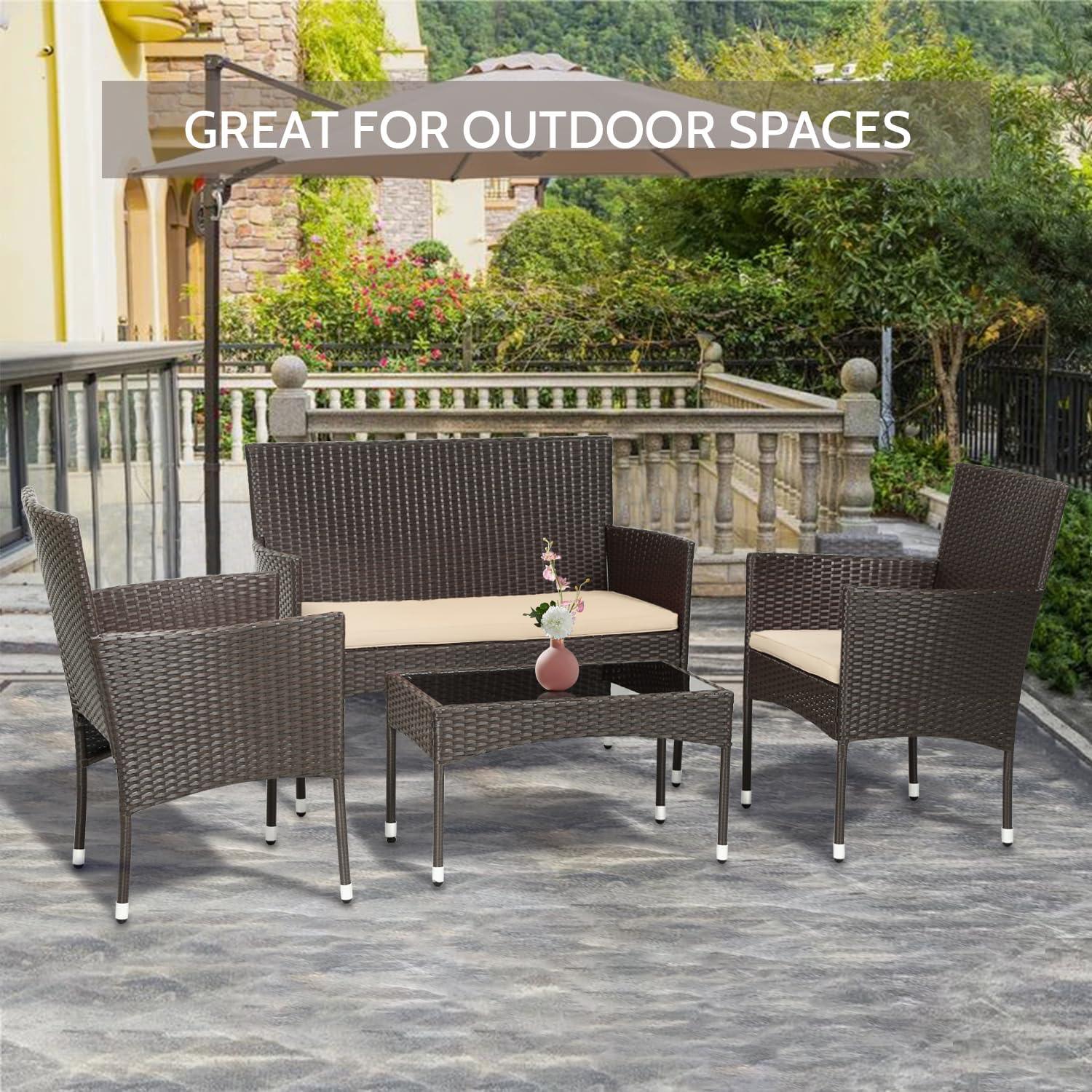 Outdoor Rattan Wicker Patio Furniture Set with Glass Top Table (Brown) - Furniture4Design