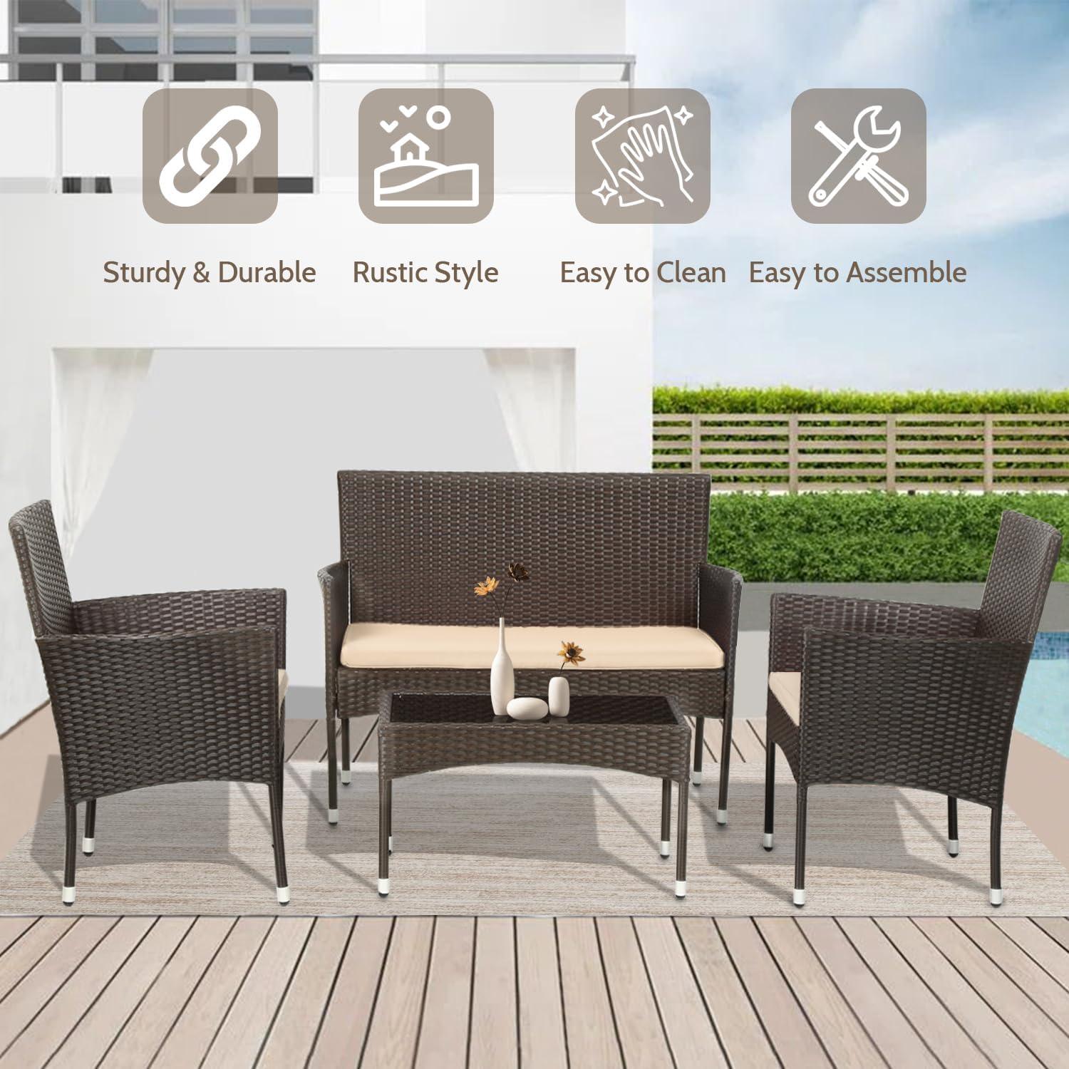 Outdoor Rattan Wicker Patio Furniture Set with Glass Top Table (Brown) - Furniture4Design