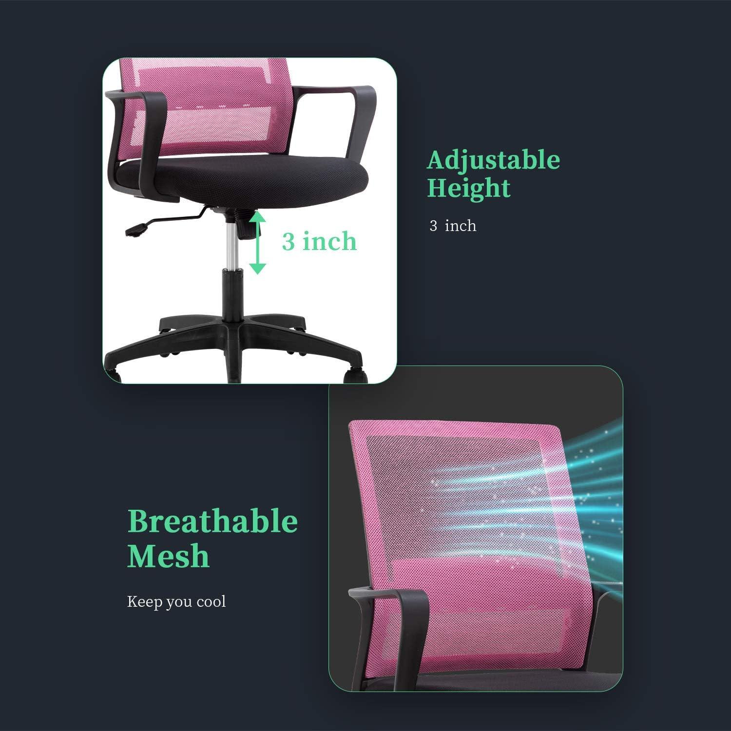 Pink Ergonomic Mesh Office Chair with Lumbar Support and Adjustable Stool - Furniture4Design