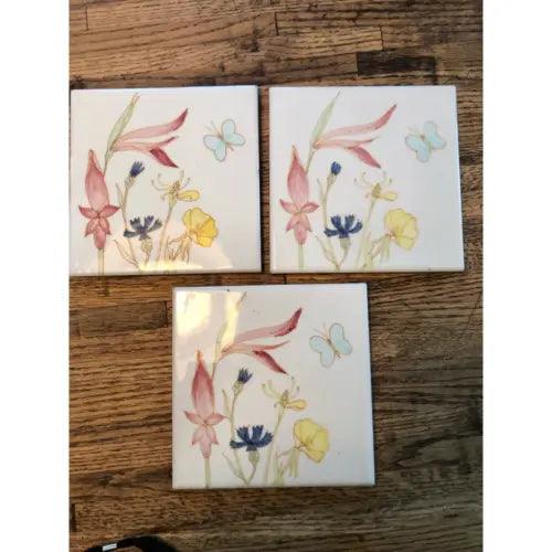 Porcelain Wall Tile Painted Floral Square 6" Flowers Butterflies Salerno Italy 3 - Furniture4Design