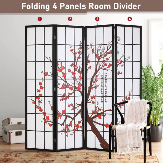 Portable Oriental Shoji Screen Room Divider - White 6Ft 4 Panel Wood Partition - Furniture4Design