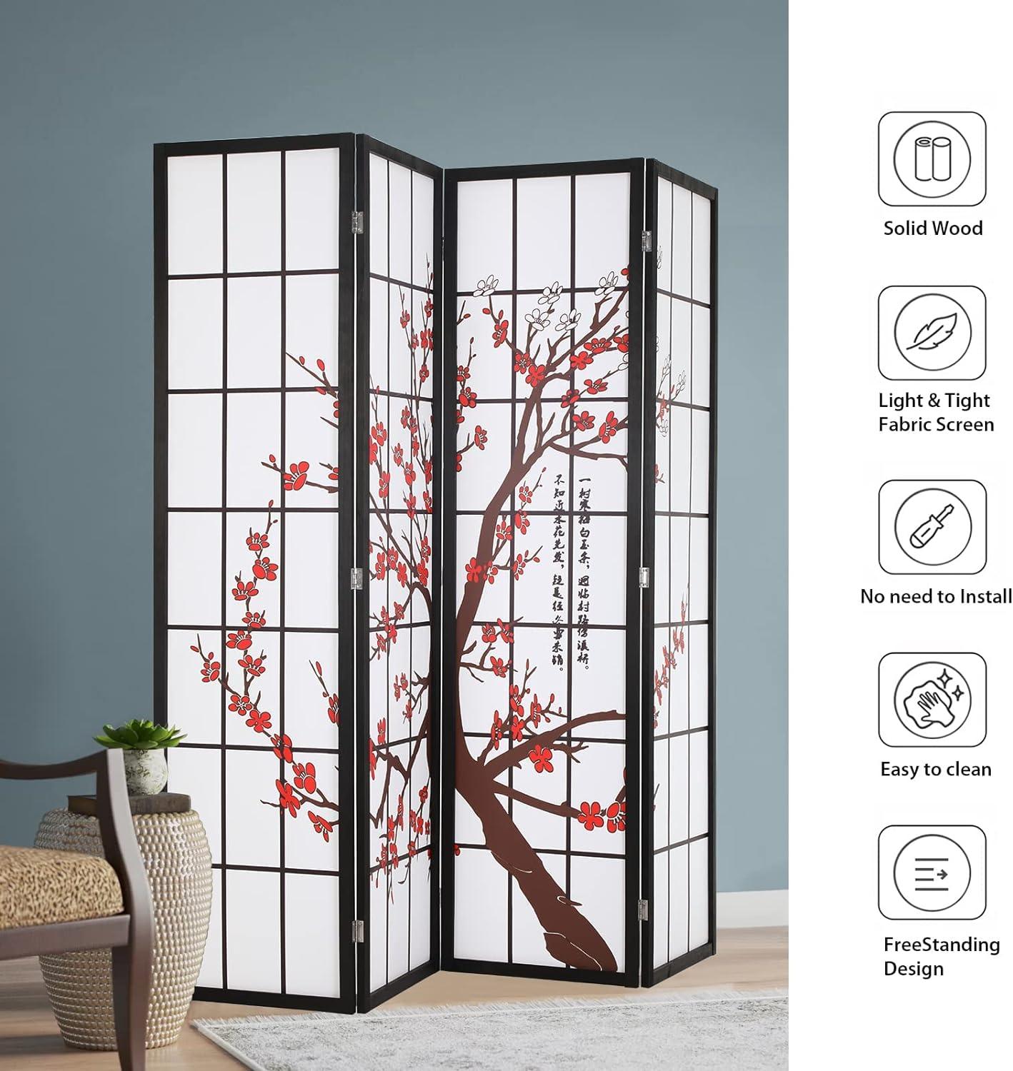 Portable Oriental Shoji Screen Room Divider - White 6Ft 4 Panel Wood Partition - Furniture4Design