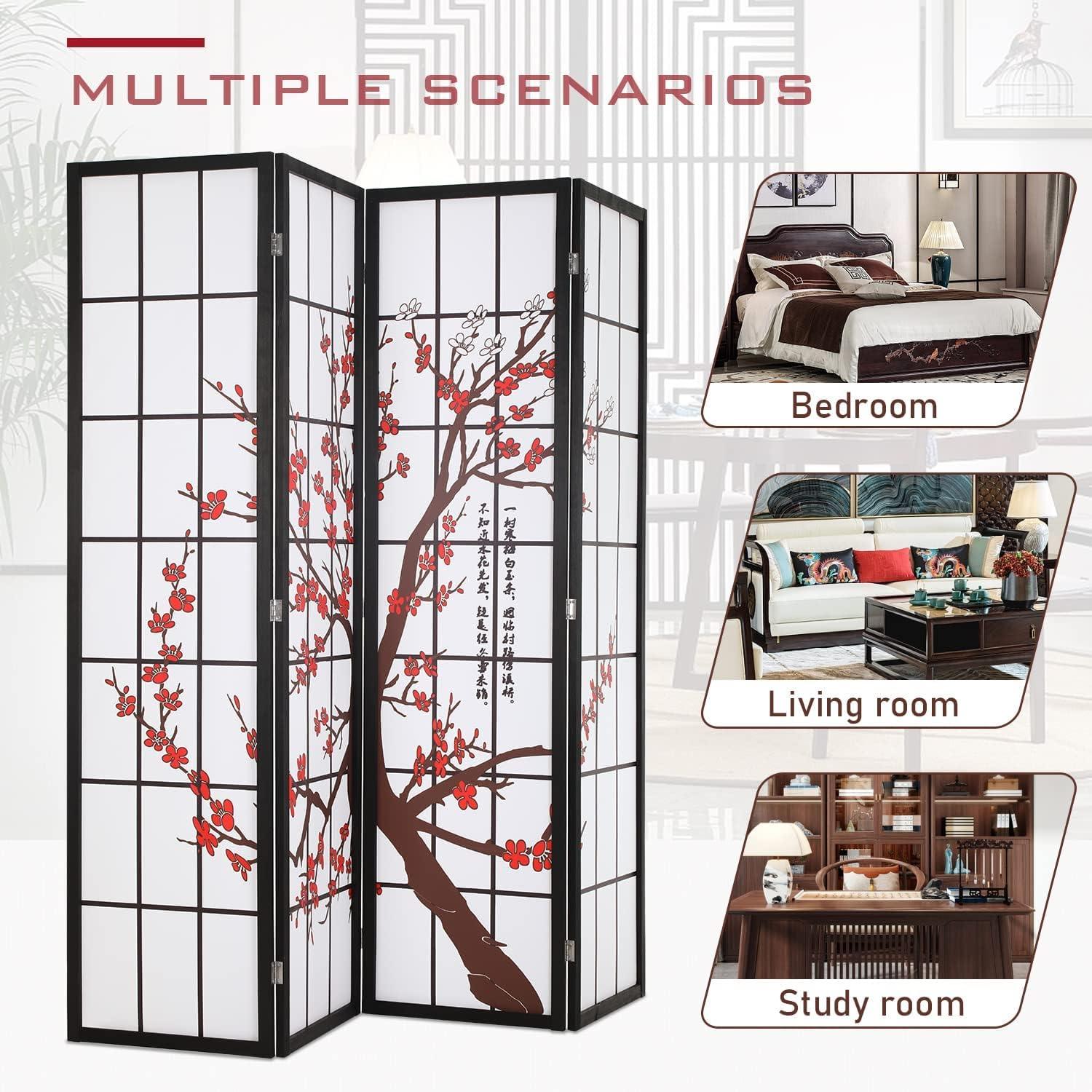 Portable Oriental Shoji Screen Room Divider - White 6Ft 4 Panel Wood Partition - Furniture4Design