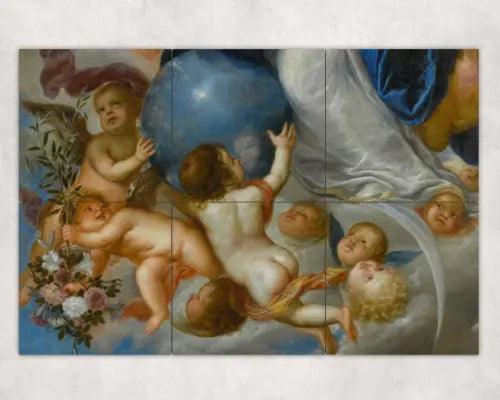 Putti Holding Flowers and An Orb Globe ceramic tile mural backsplash - Furniture4Design