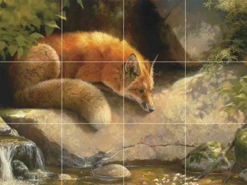 red fox wildlife nature forest dragonfly waterfall ceramic tile mural backsplash - Furniture4Design