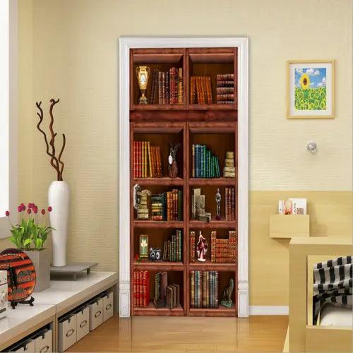 Retro Bookshelf Door Sticker Decal Self-adhesive Wrap Mural 3D Wall Art - Furniture4Design