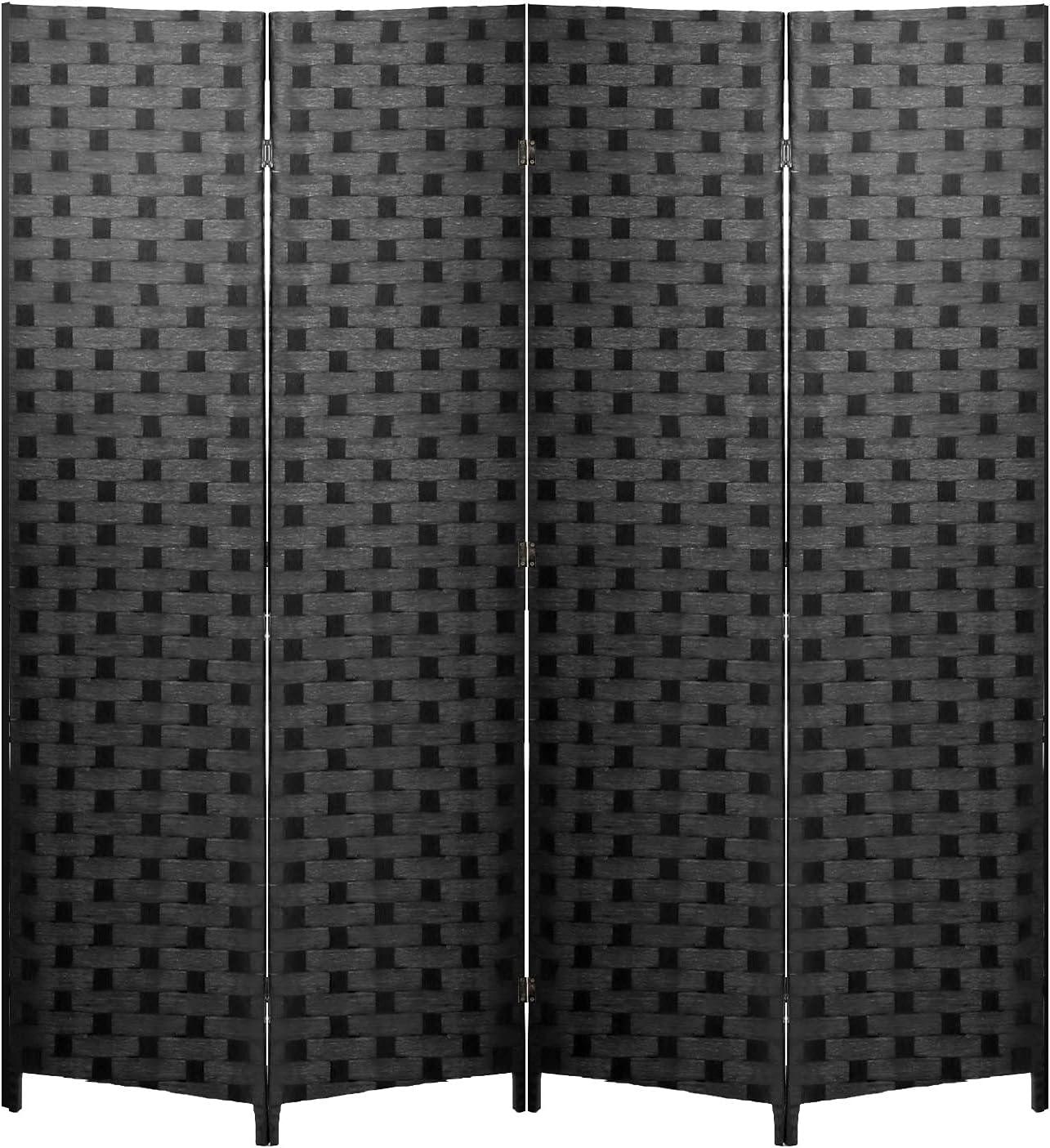 Room Divider 4 Panel Wood Mesh Woven Design Folding Screen in Black - Furniture4Design