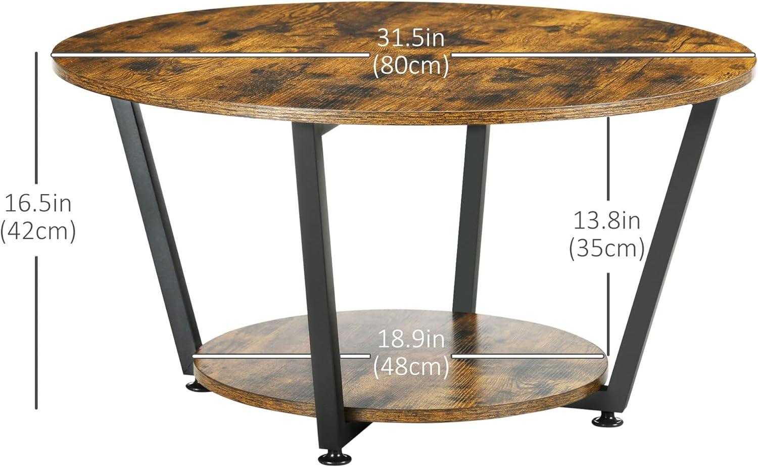 Round Coffee Table with Storage Shelf and Steel Frame, Industrial Rustic Brown - Furniture4Design