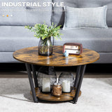 Round Coffee Table with Storage Shelf and Steel Frame, Industrial Rustic Brown - Furniture4Design