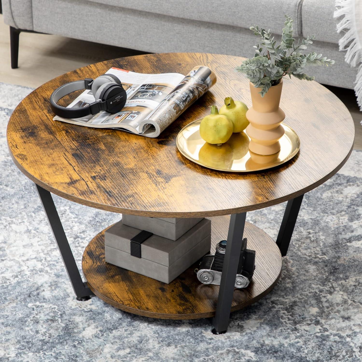 Round Coffee Table with Storage Shelf and Steel Frame, Industrial Rustic Brown - Furniture4Design