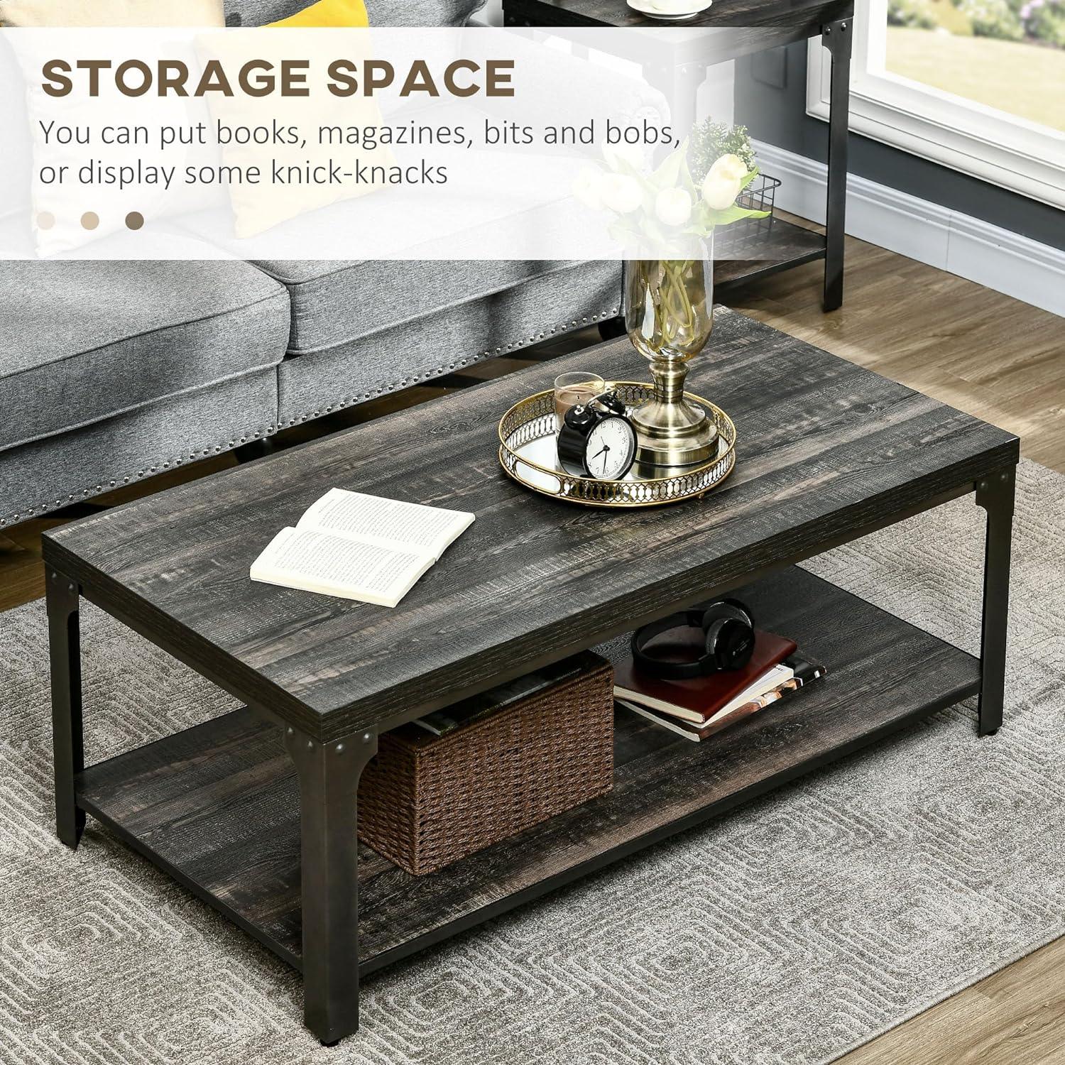 Rustic 2-Tier Coffee Table with Steel Frame and Storage Shelf, Dark Walnut - Furniture4Design