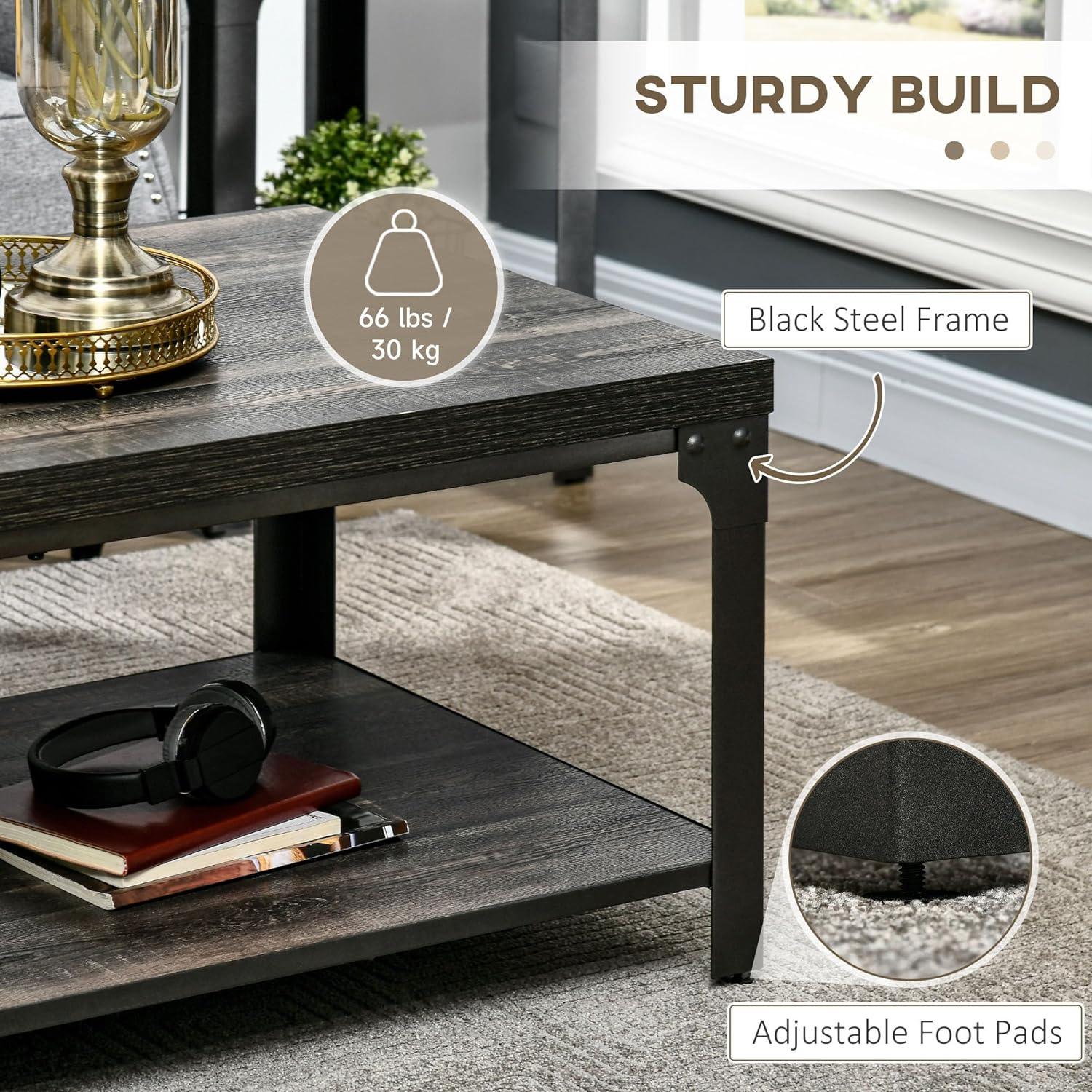 Rustic 2-Tier Coffee Table with Steel Frame and Storage Shelf, Dark Walnut - Furniture4Design