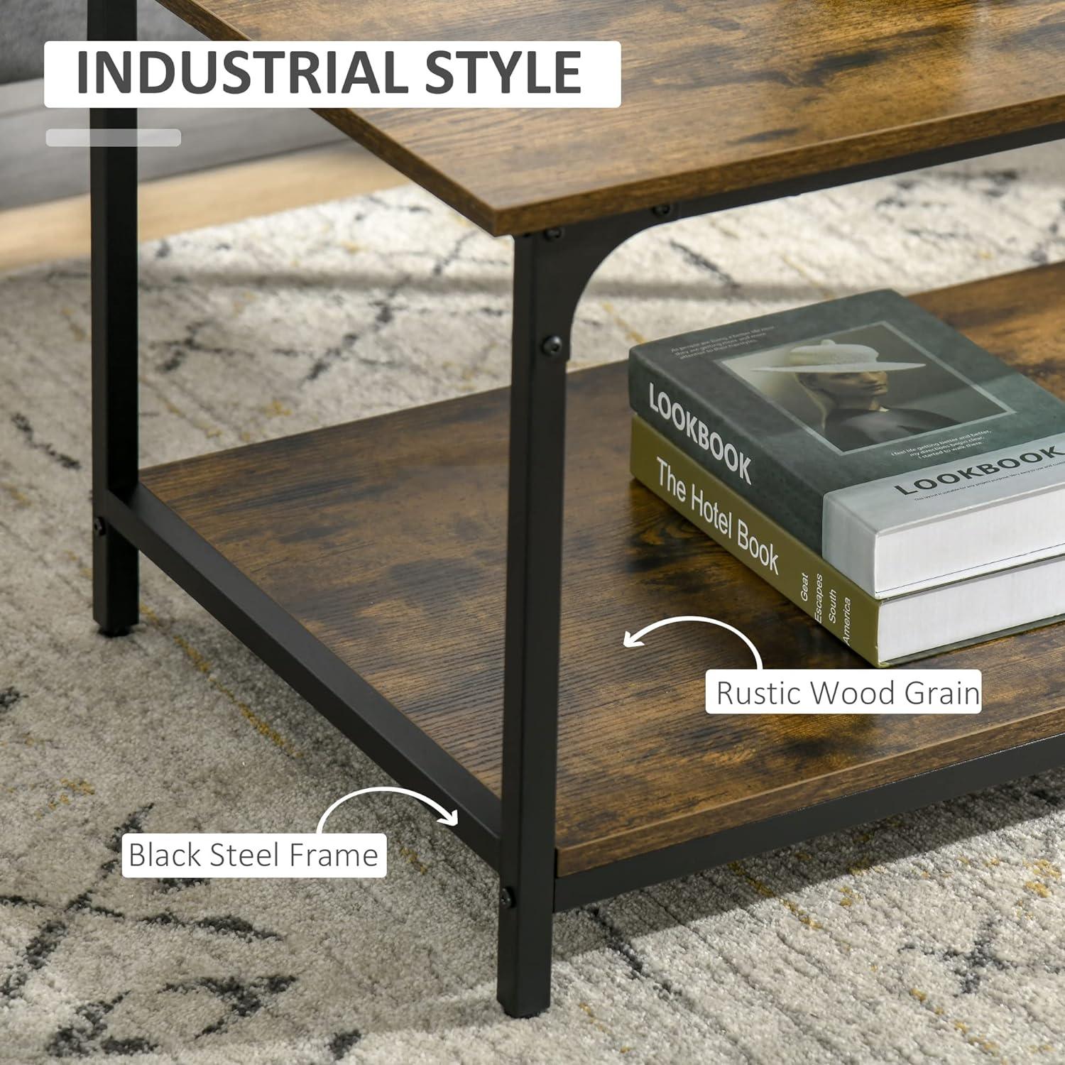 Rustic Brown 2-Tier Industrial Coffee Table with Storage Shelf - Furniture4Design