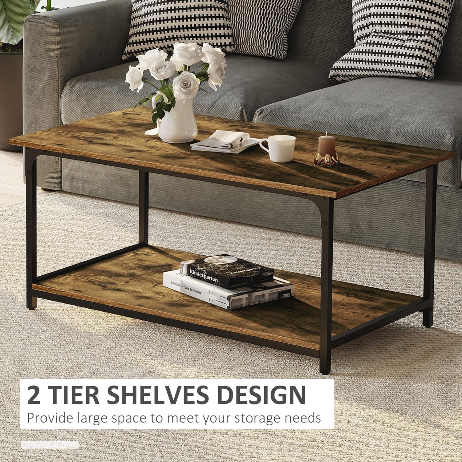 Rustic Brown 2-Tier Industrial Coffee Table with Storage Shelf - Furniture4Design