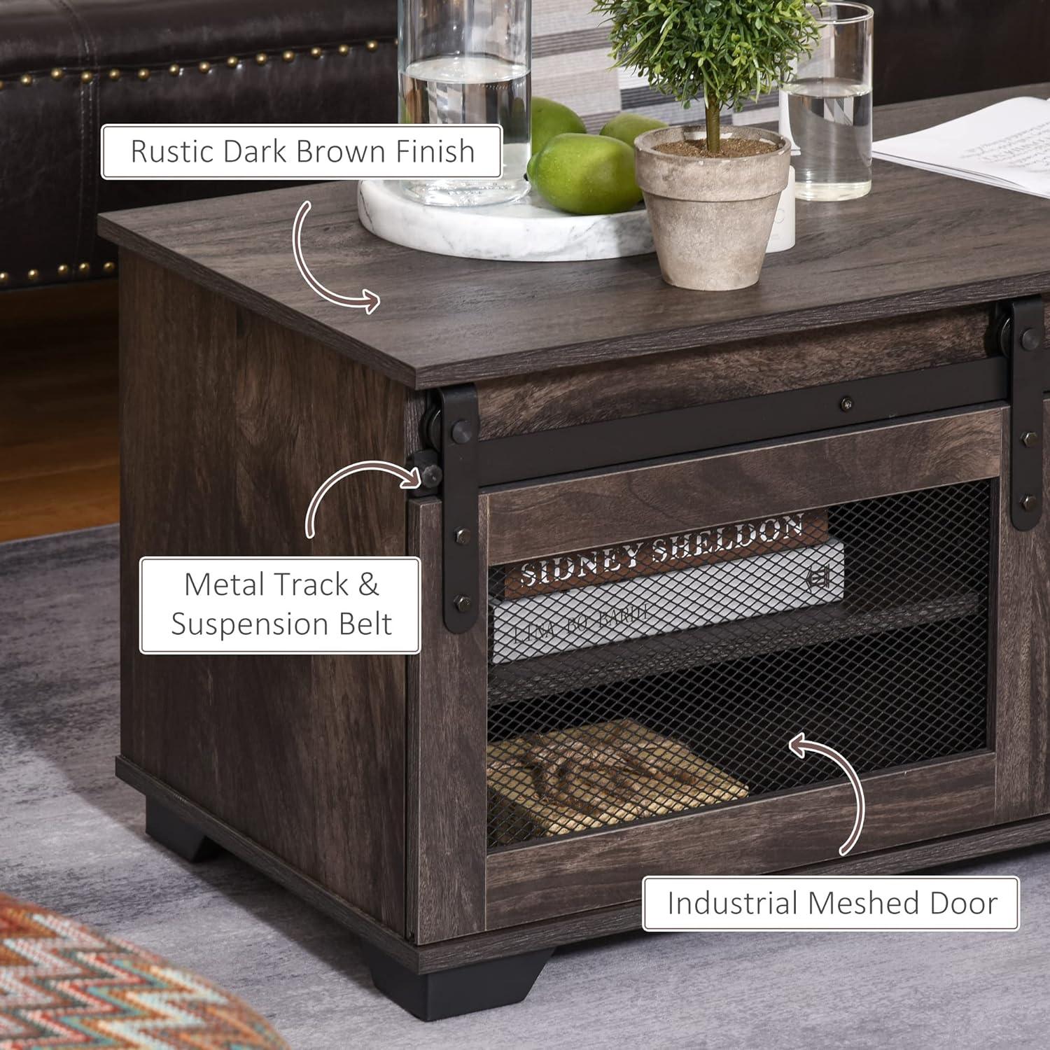 Rustic Farmhouse Coffee Table with Sliding Barn Door and Adjustable Shelf, Dark Brown - Furniture4Design