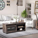 Rustic Farmhouse Coffee Table with Sliding Barn Door and Adjustable Shelf, Dark Brown - Furniture4Design