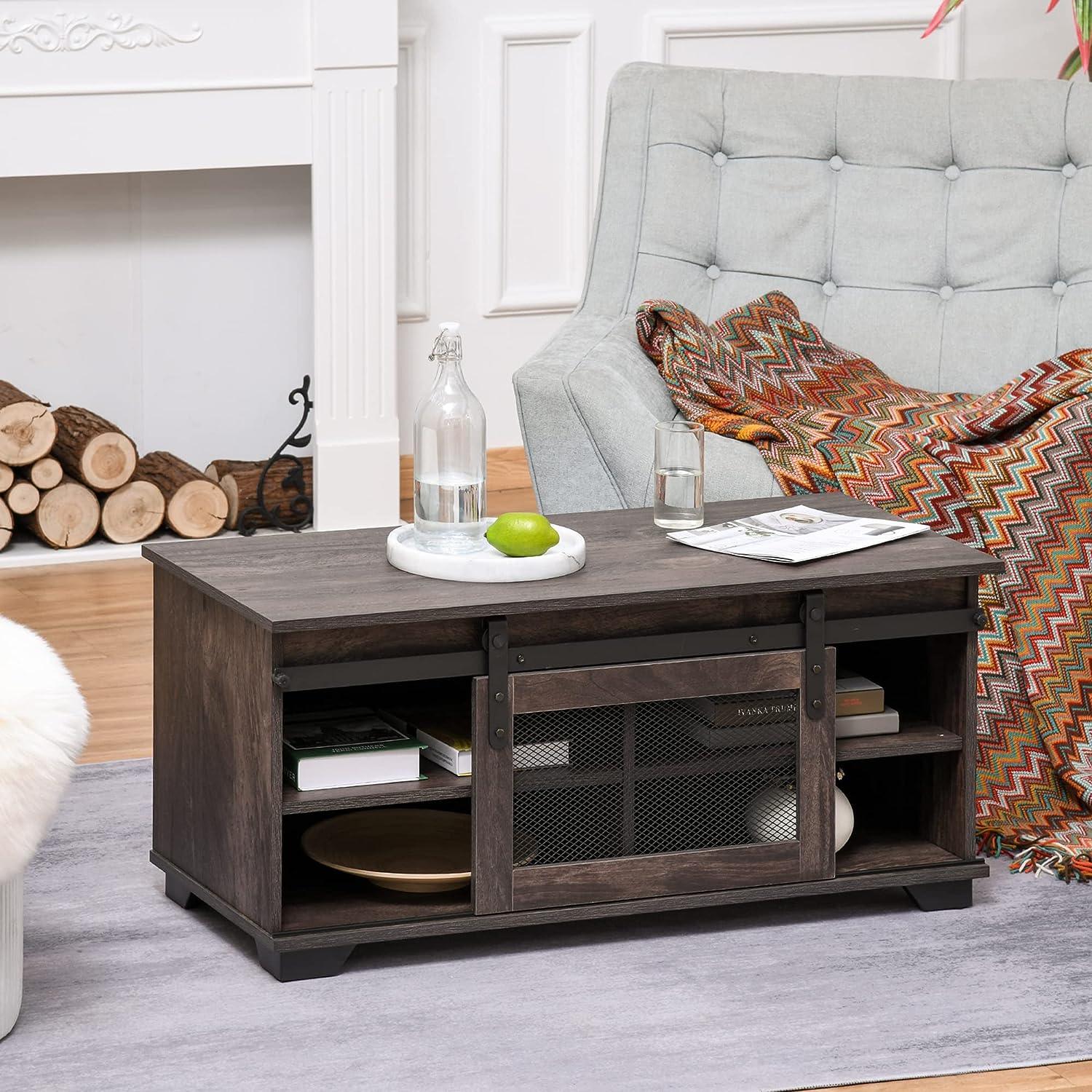 Rustic Farmhouse Coffee Table with Sliding Barn Door and Adjustable Shelf, Dark Brown - Furniture4Design