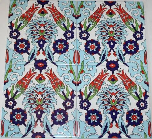 Set of 12 8"X8" (Turkish Iznik Red Tulip & Floral Pattern Ceramic Tiles - Furniture4Design