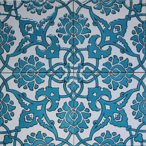 Set of 12 Blue 8"x8" Turkish Raised Iznik Carnation Floral Pattern Ceramic Tile - Furniture4Design