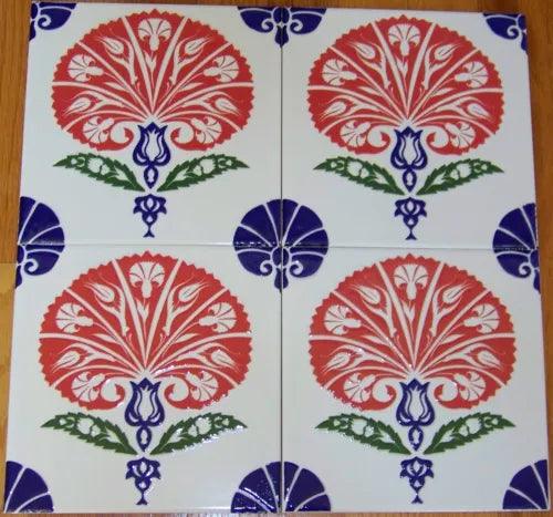 Set of 12 Cornflower & Floral Pattern 8"x8" Turkish Raised Iznik Ceramic Tile - Furniture4Design