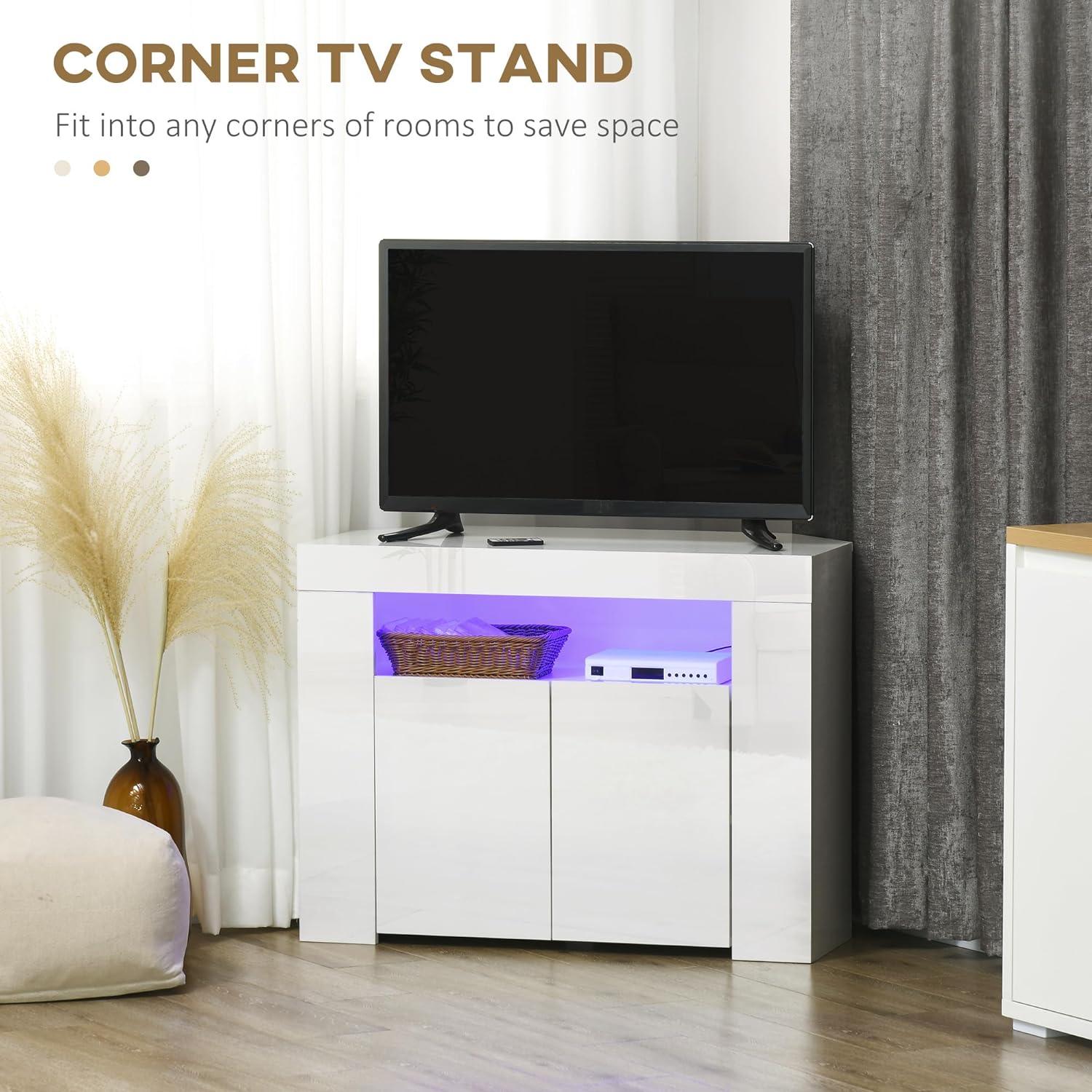 Space-Saving High Gloss White Corner TV Stand with LED Lights and Storage - Furniture4Design