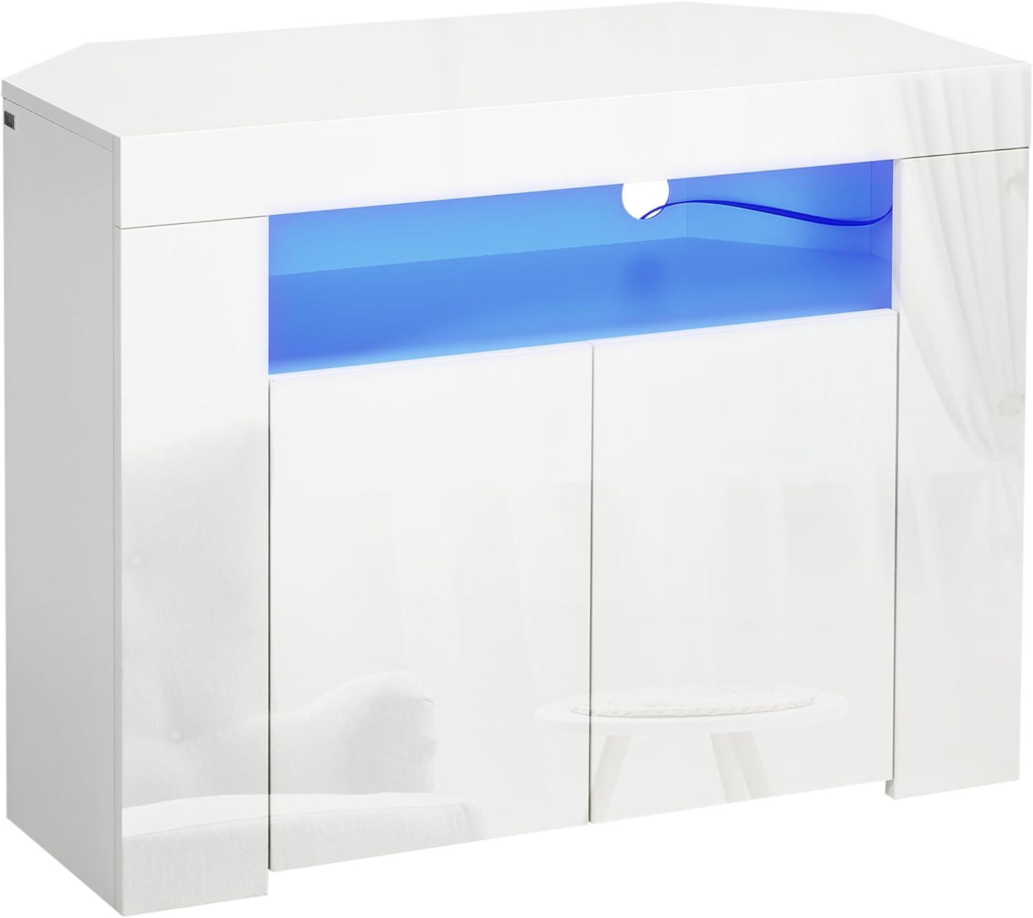 Space-Saving High Gloss White Corner TV Stand with LED Lights and Storage - Furniture4Design