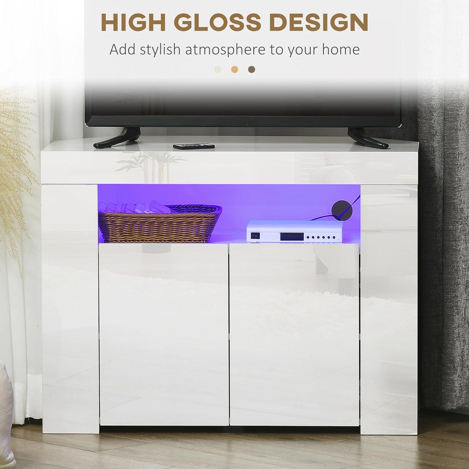 Space-Saving High Gloss White Corner TV Stand with LED Lights and Storage - Furniture4Design